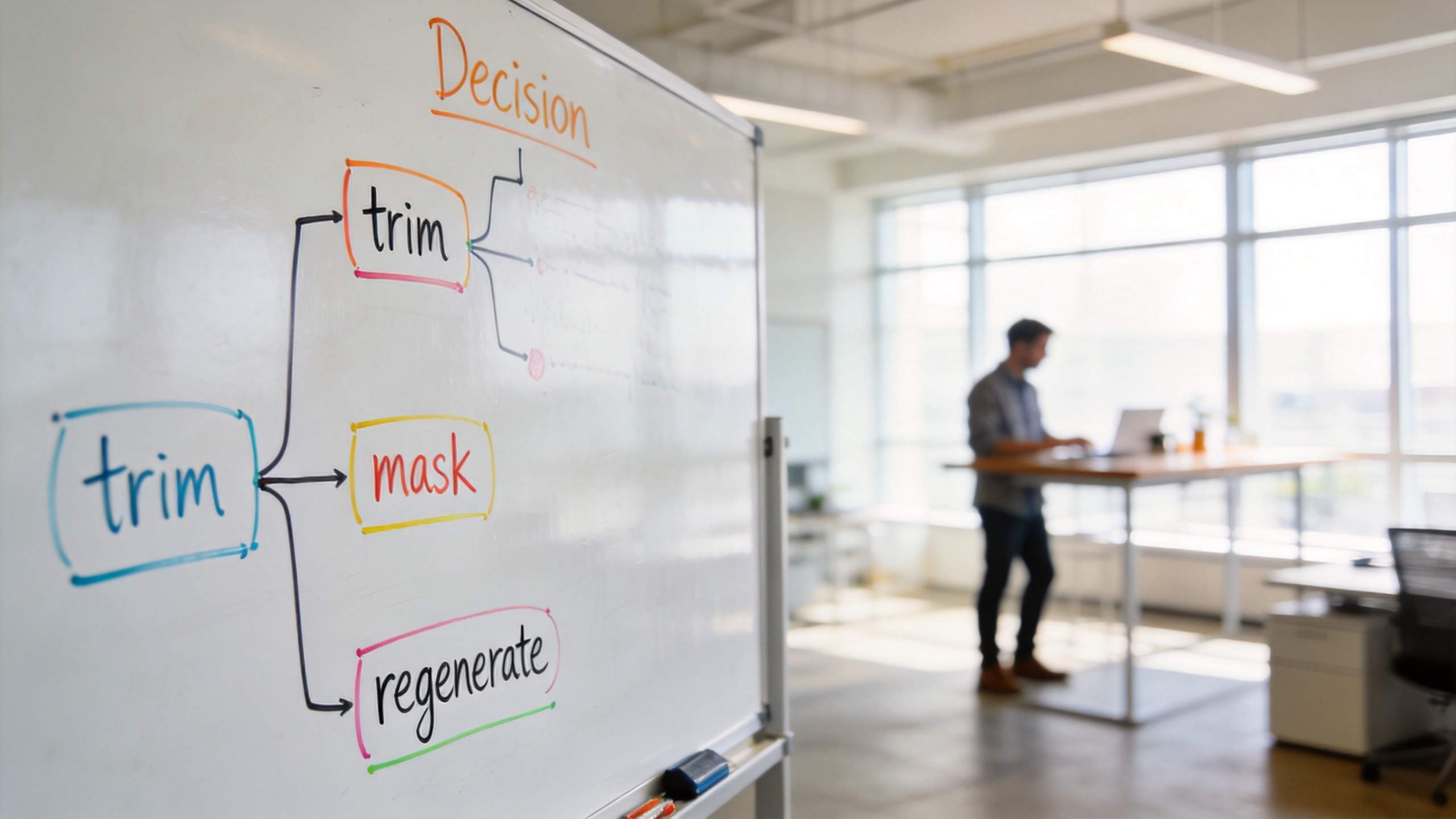 Whiteboard flowchart with trim, mask, and regenerate, with a person standing by a laptop in an office