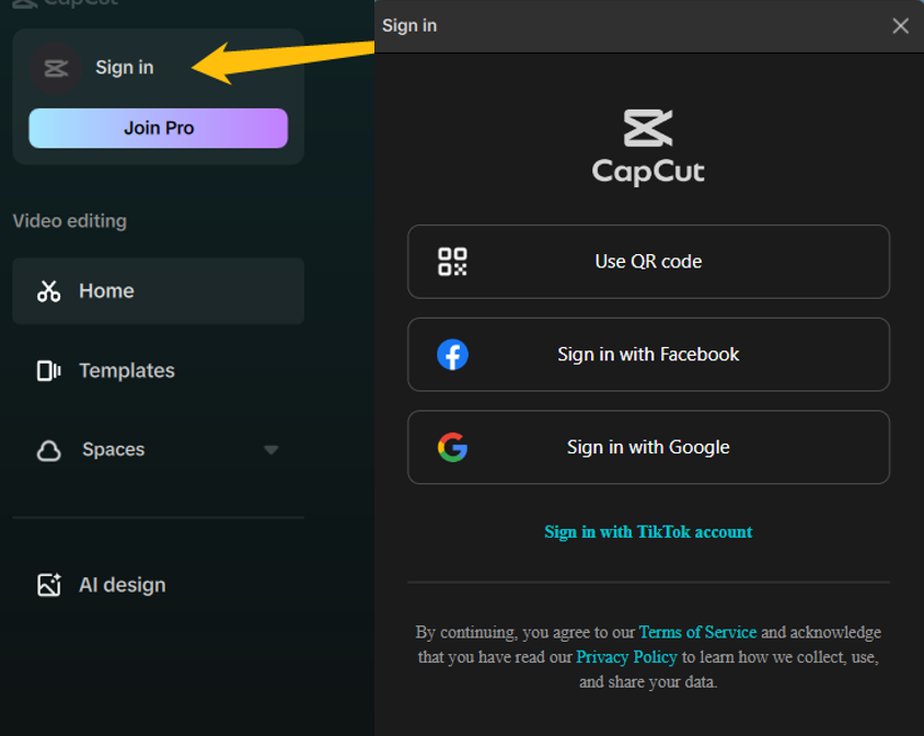 Create a CapCut account on desktop