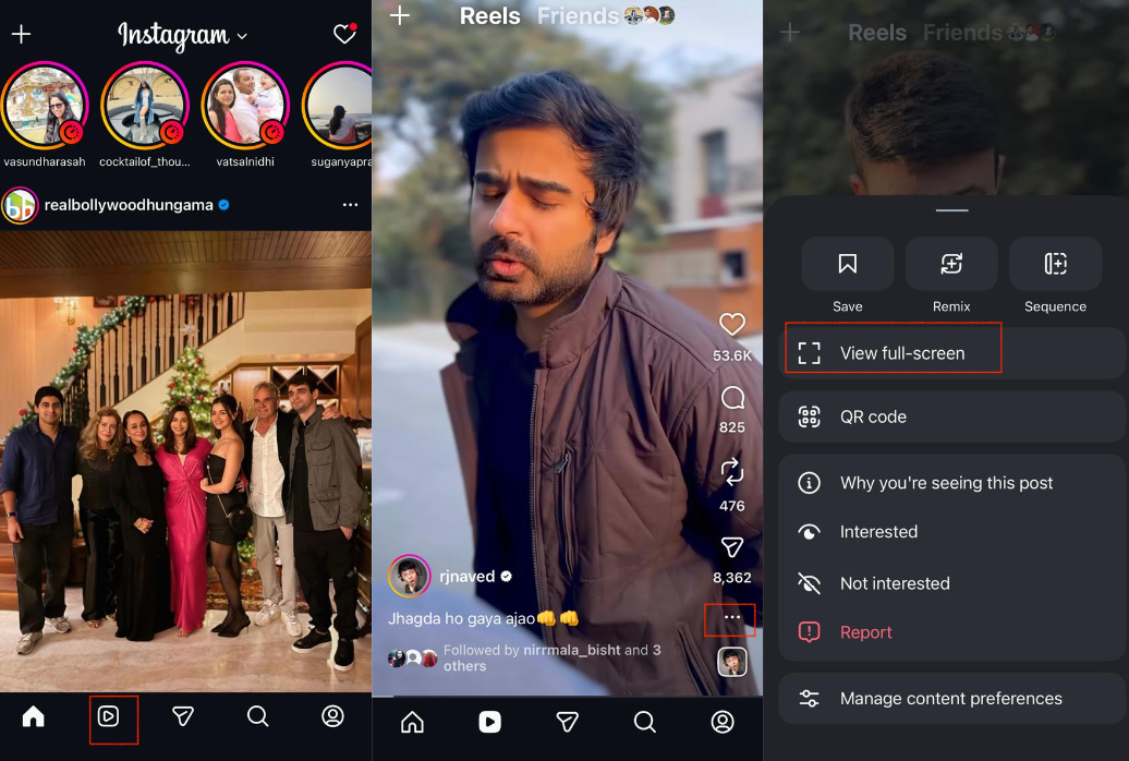 Watch full-screen Instagram reels