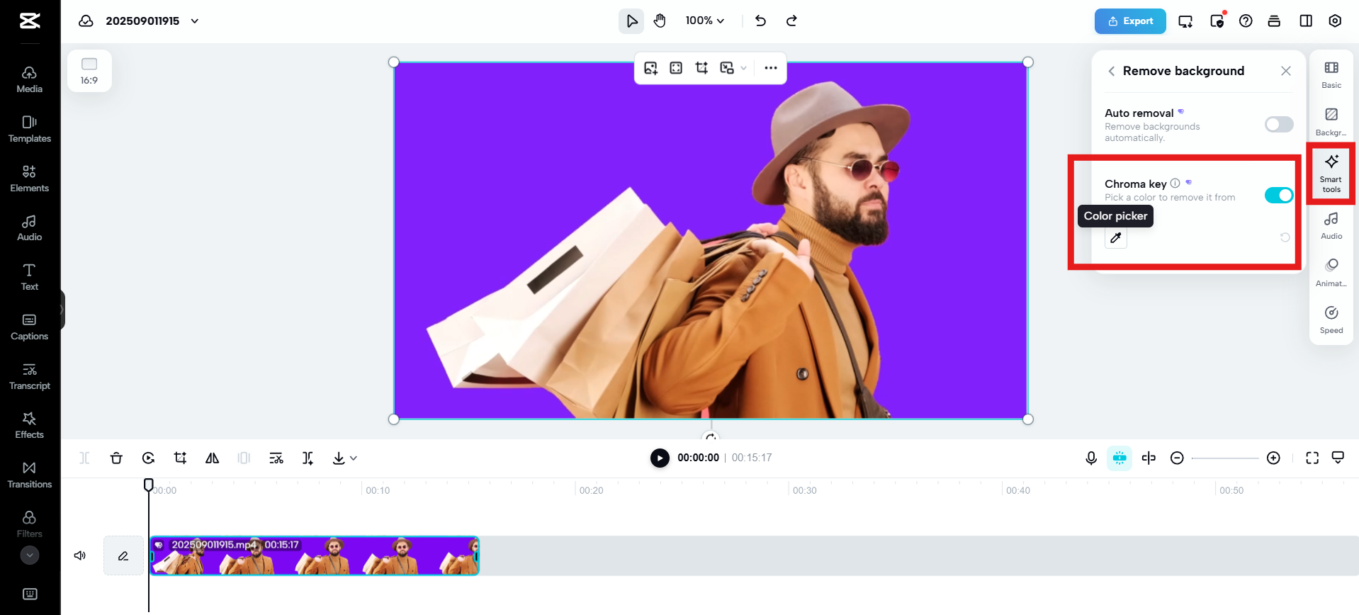 Select Chroma key and pick the color