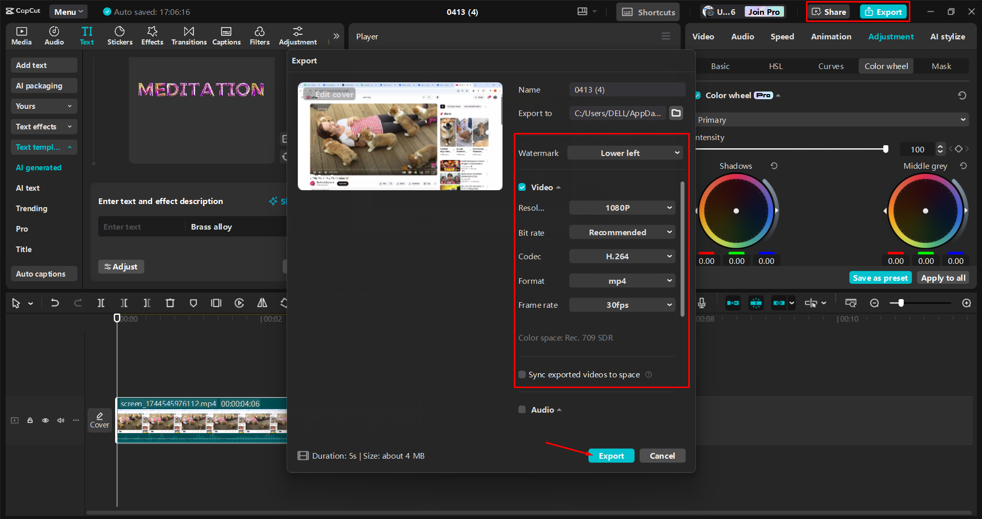 Exporting a video from the CapCut desktop video editor