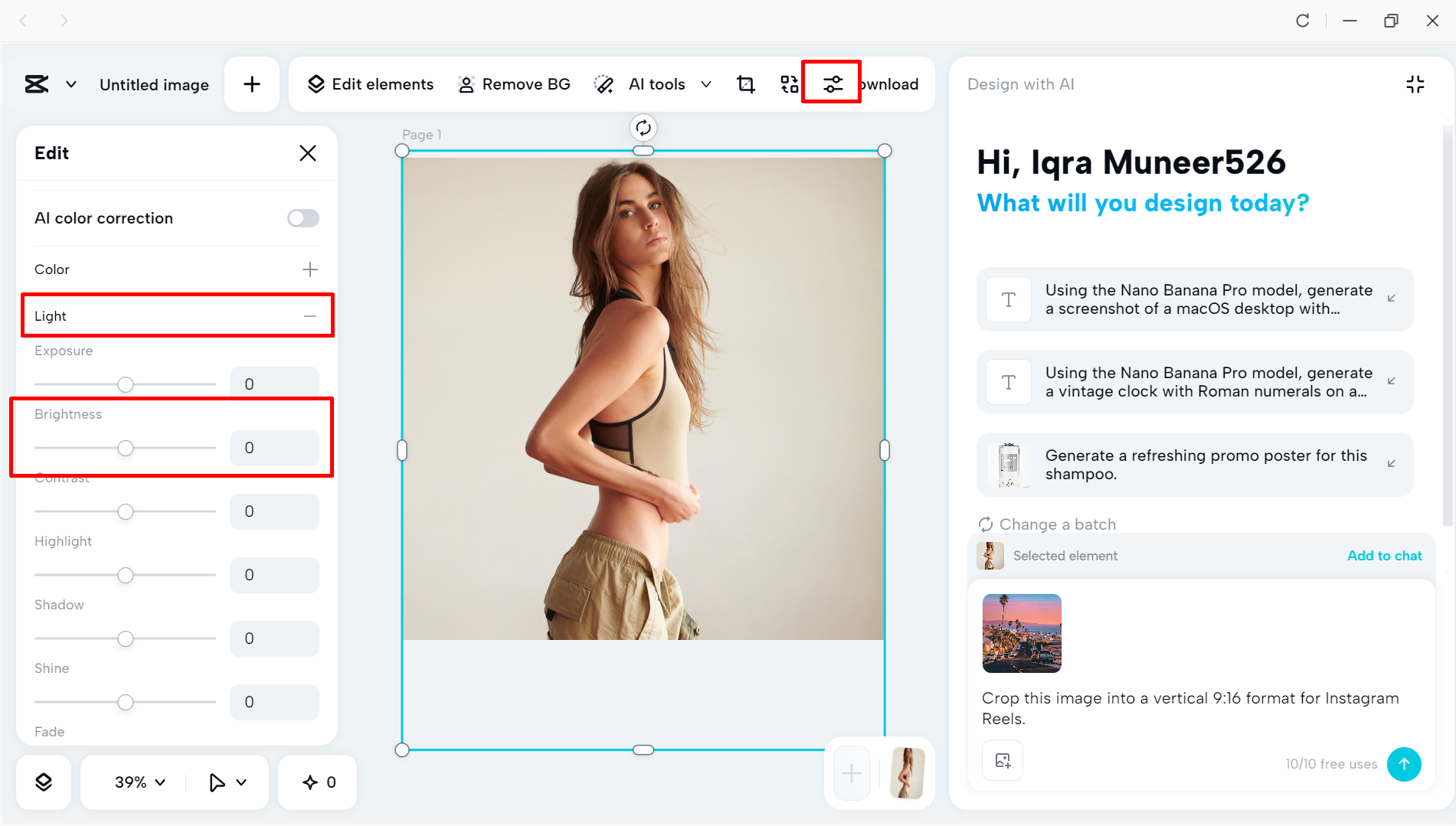 Brightening the image on the CapCut desktop video editor