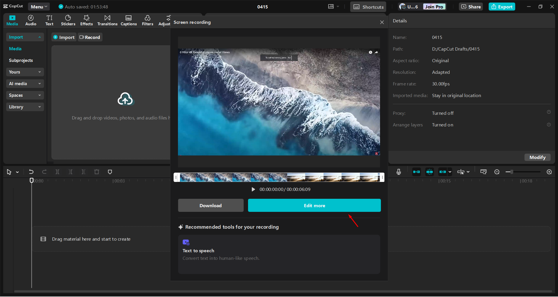 Skrin rakaman dengan CapCut editor video desktop