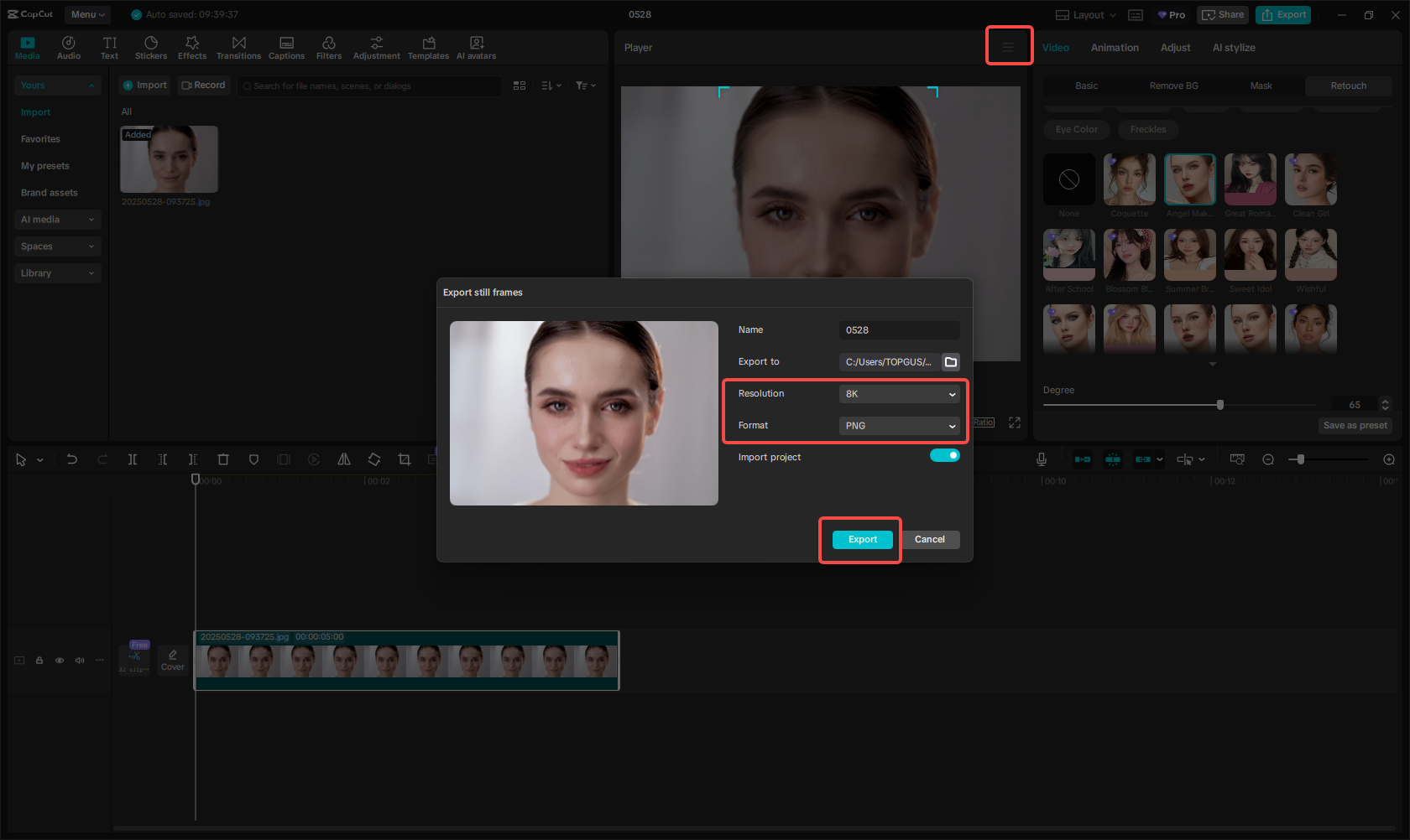 ייצוא התמונה ב- CapCut