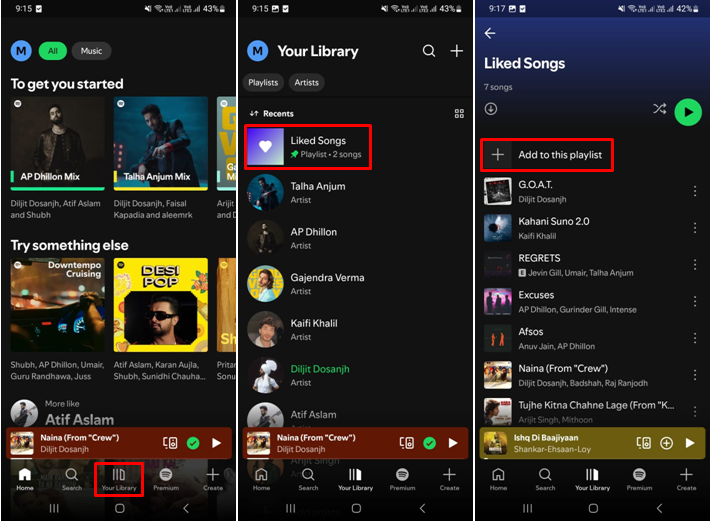 Imagem mostrando como ver suas músicas mais ouvidas no aplicativo móvel do Spotify