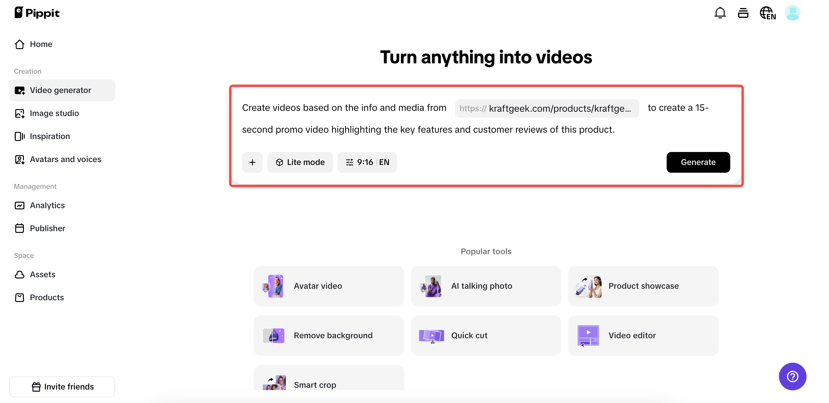 Start with Pippit's video generator