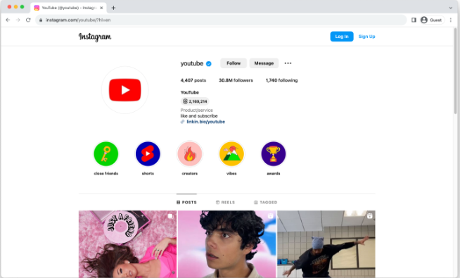 Interface d'Instagram - l'endroit le plus utilisé pour promouvoir les vidéos YouTube