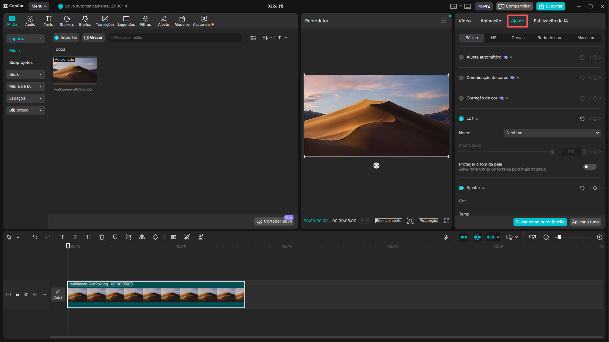 Painel de ajuste aberto no CapCut Desktop