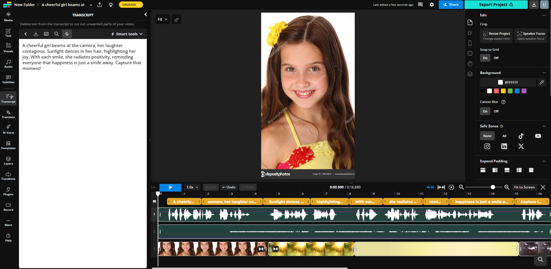 Interface of Kapwing - an easy to use AI face video generator