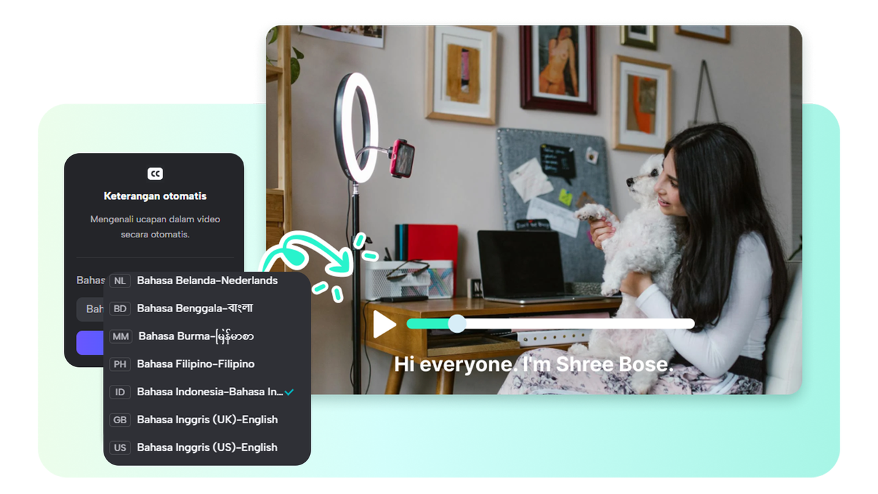 Caption video dengan banyak bahasa untuk audiens global