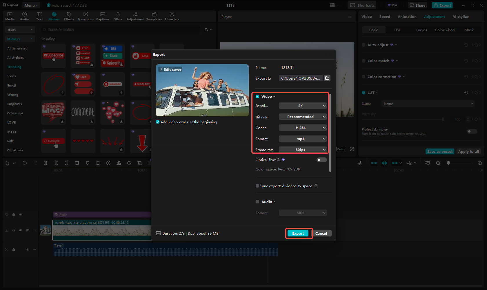 Export and share the video on YouTube