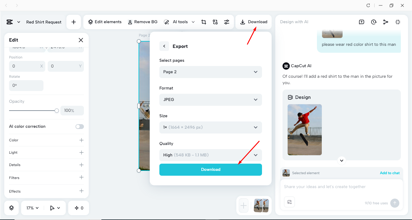 Exporting an image from the CapCut desktop video editor