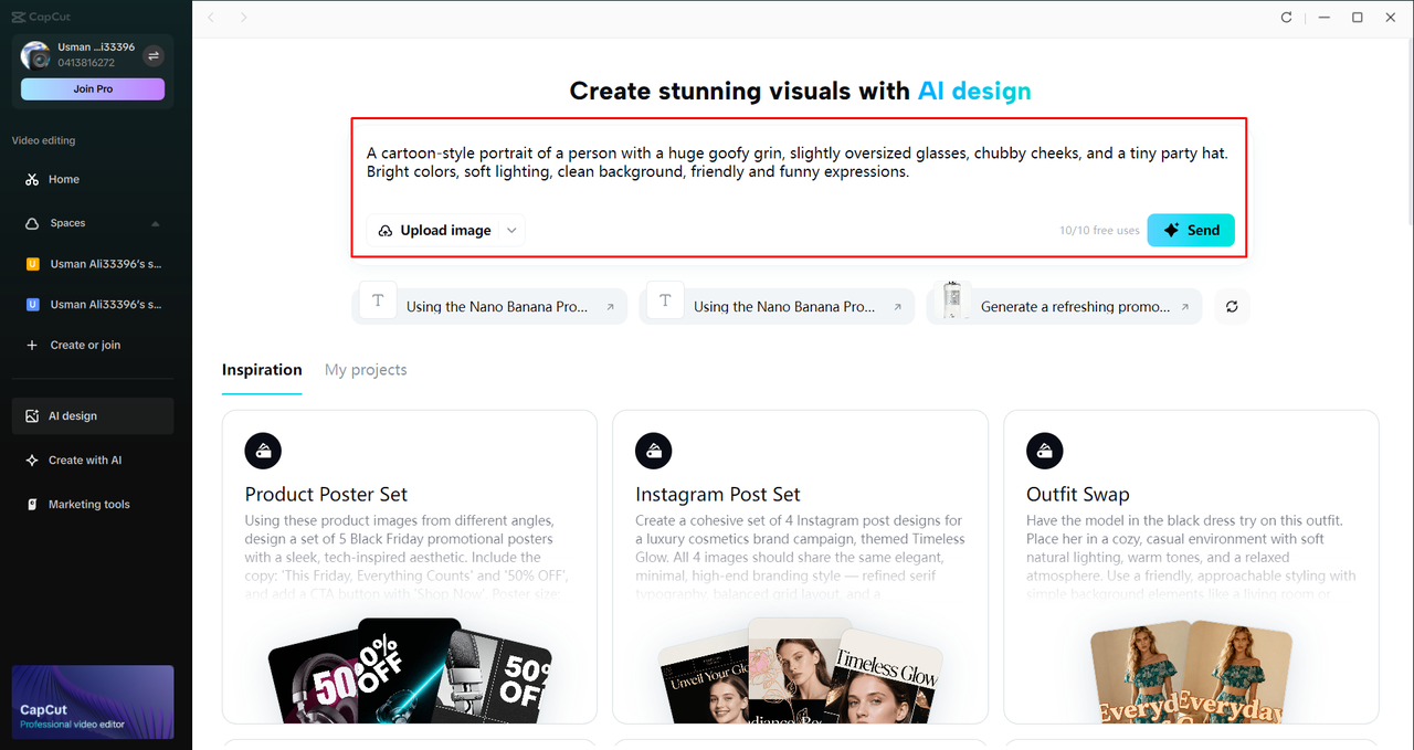 Accessing the AI design tool in the CapCut desktop video editor 