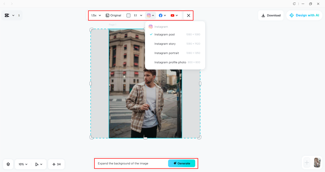 Expanding an image with AI in the CapCut desktop video editor 