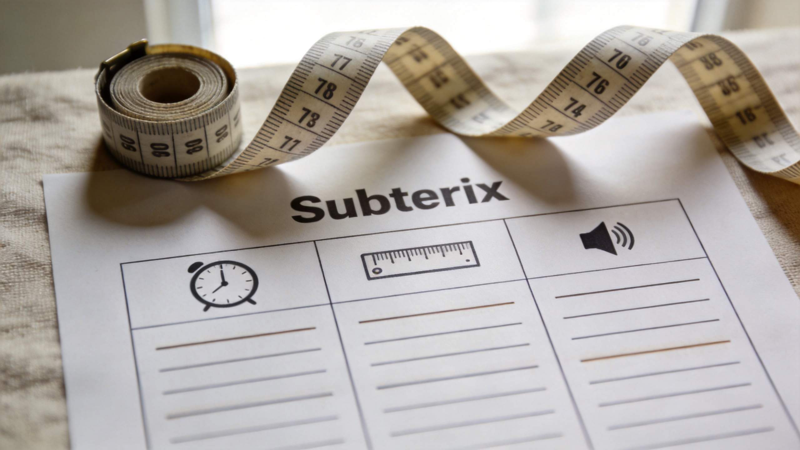 Subtitle template on paper with clock, ruler, and speaker icons, beside a measuring tape