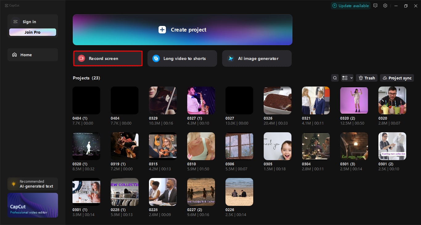 Launching screen recorder in the CapCut desktop video editor