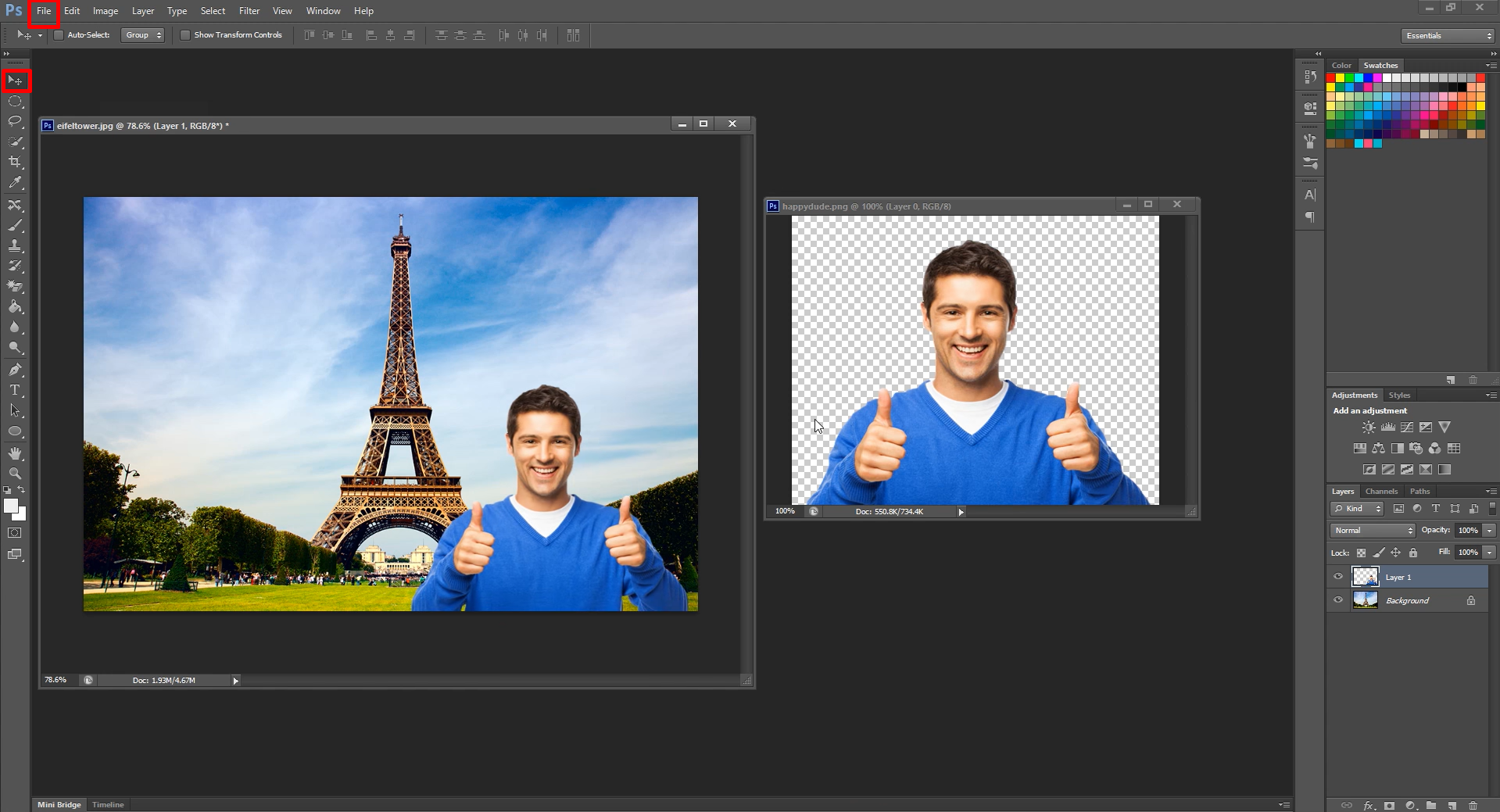 Image showing how to insert an image in Photoshop on top of the background on PC