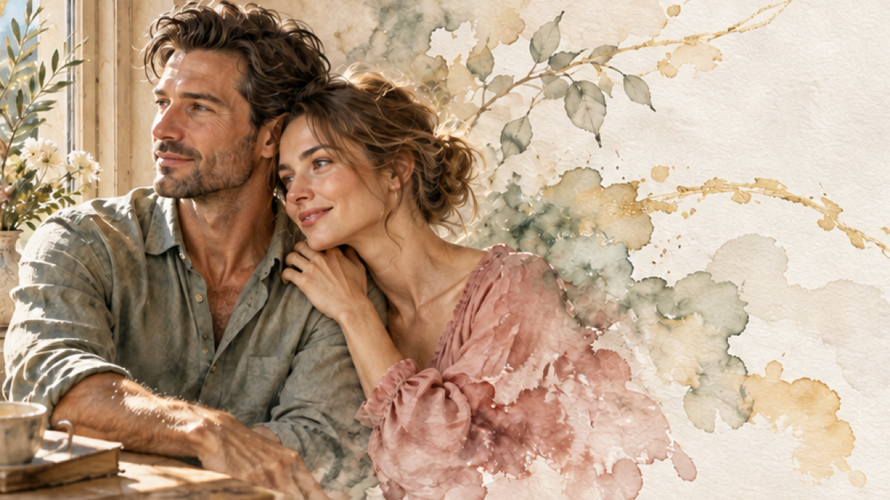 16:9 premium real-photo and watercolor fusion collage: one adult couple at sunny window on left, photorealistic faces and hair transitioning through dusty-rose and sage clothing into transparent watercolor, ivory paper and pale-gold washes extending right, shoulder-touching pose, no duplicate figures.