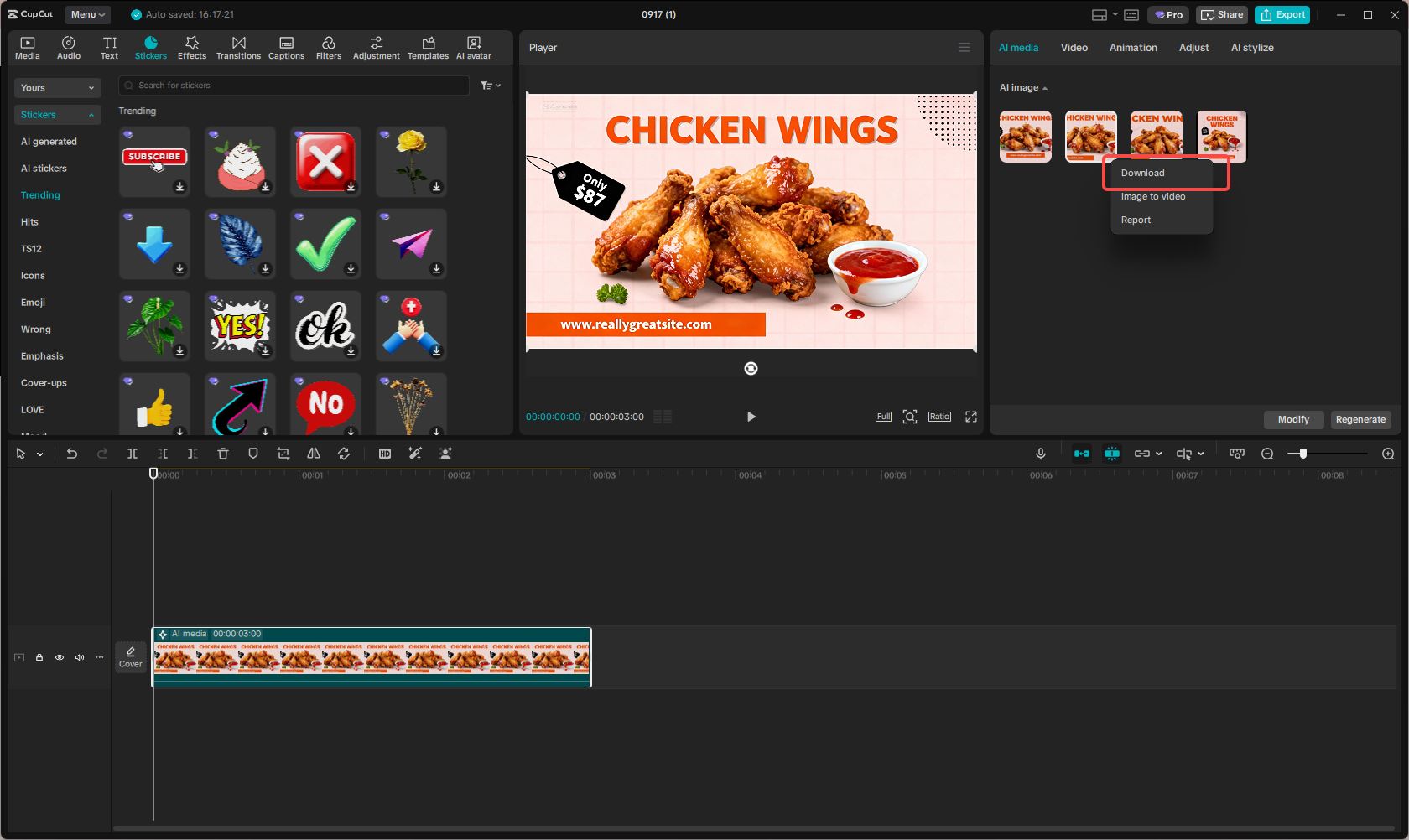 Downloading the images with AI in the CapCut desktop video editor