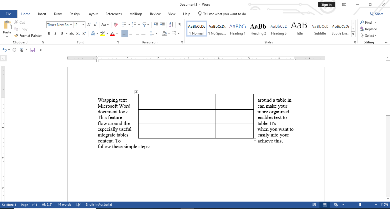 Typing beside a table to wrap a word in Word