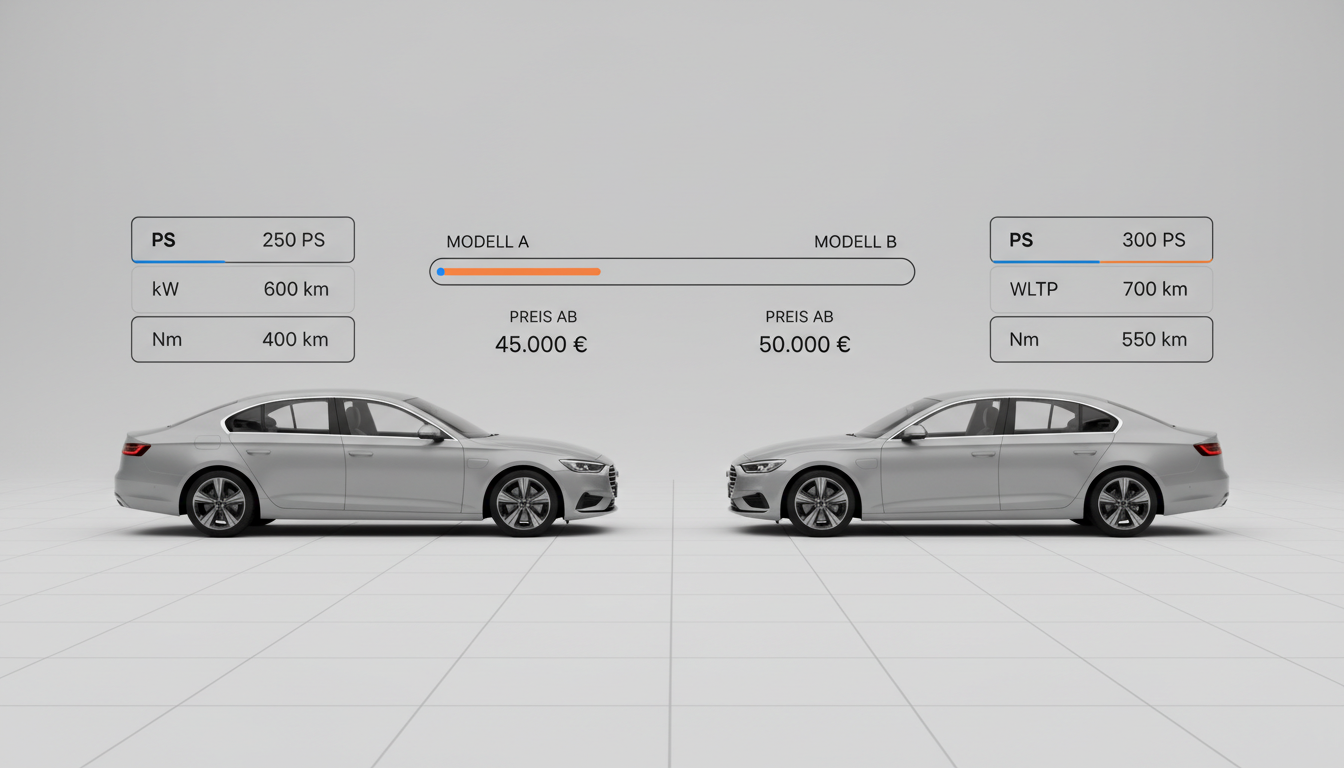 Spec comparison studio for German market: two debadged sedans side profiles, minimal UI overlays (PS, kW, WLTP, Nm).
