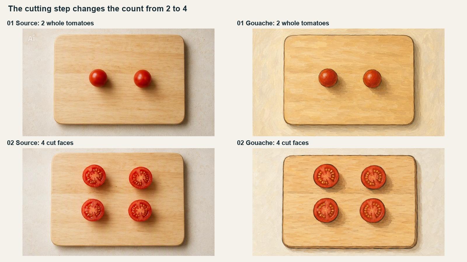 Four-panel comparison showing two whole tomatoes above and four cut tomato faces below, with photographs at left and gouache results at right.