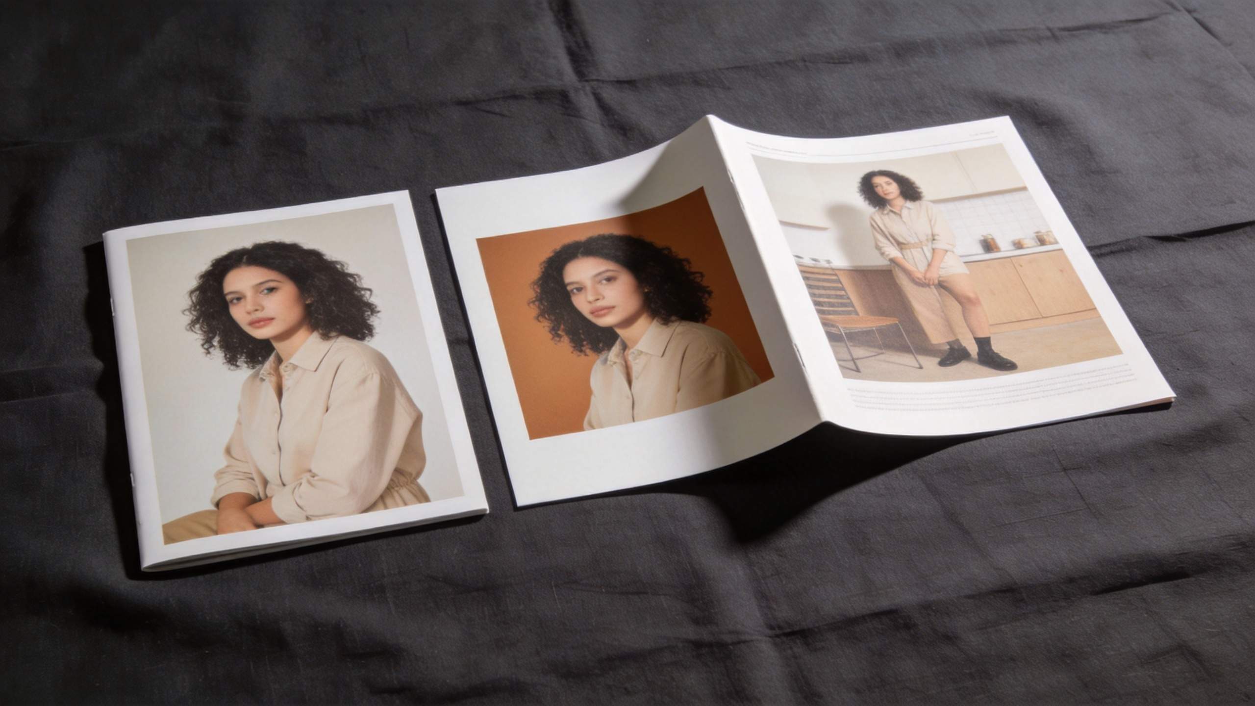 Three open magazines show the same woman in coordinated beige outfits and different settings.