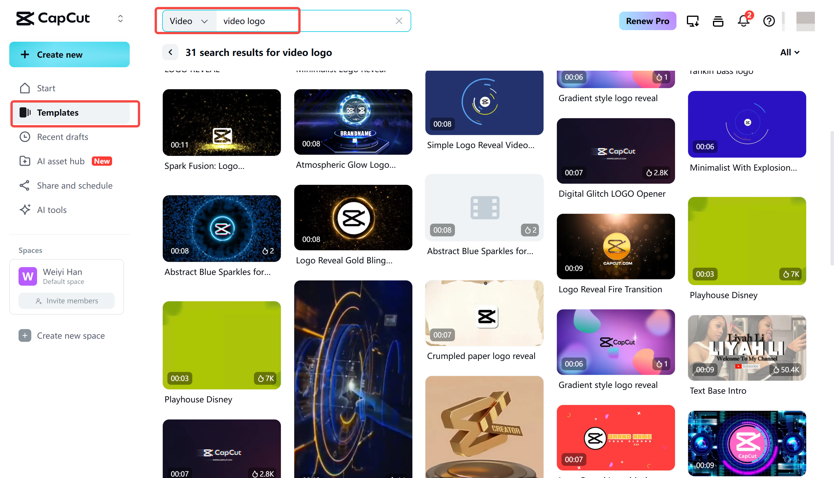 Choosing a video logo template in the CapCut Web