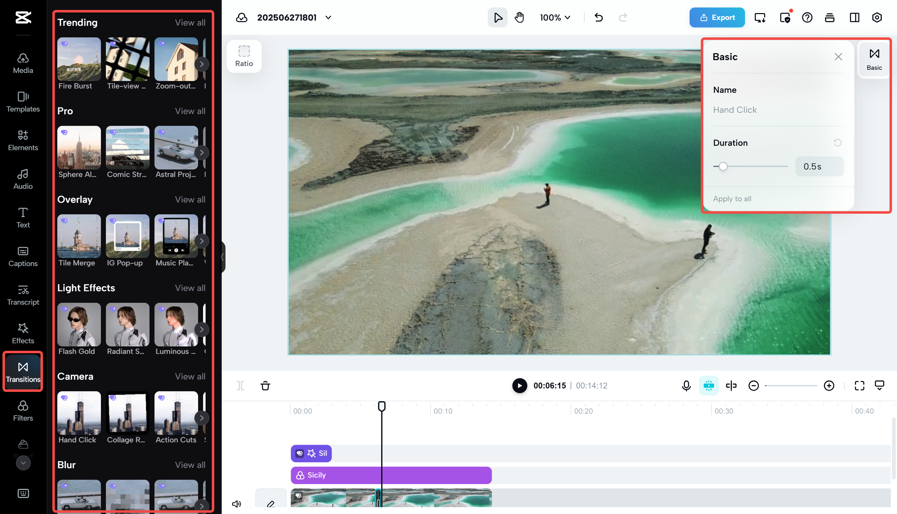 Use the "Transitions" in CapCut Web