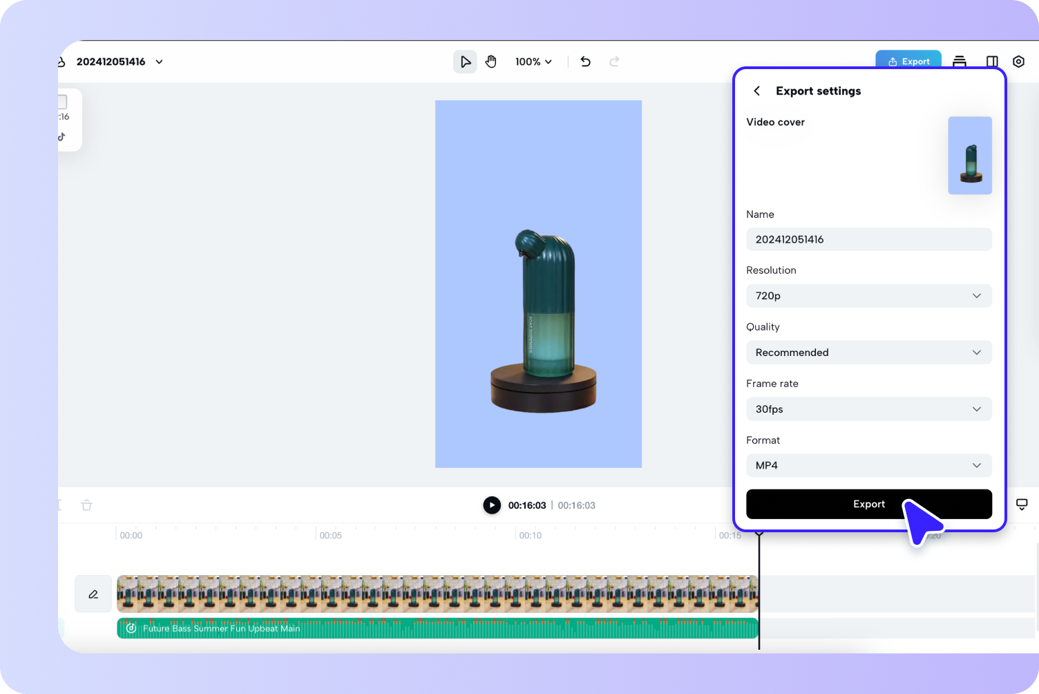 A product image in the Pippit editor. The original background is gone, and the user is typing a prompt like 'on a wooden table next to a coffee cup' into the AI Background generator.