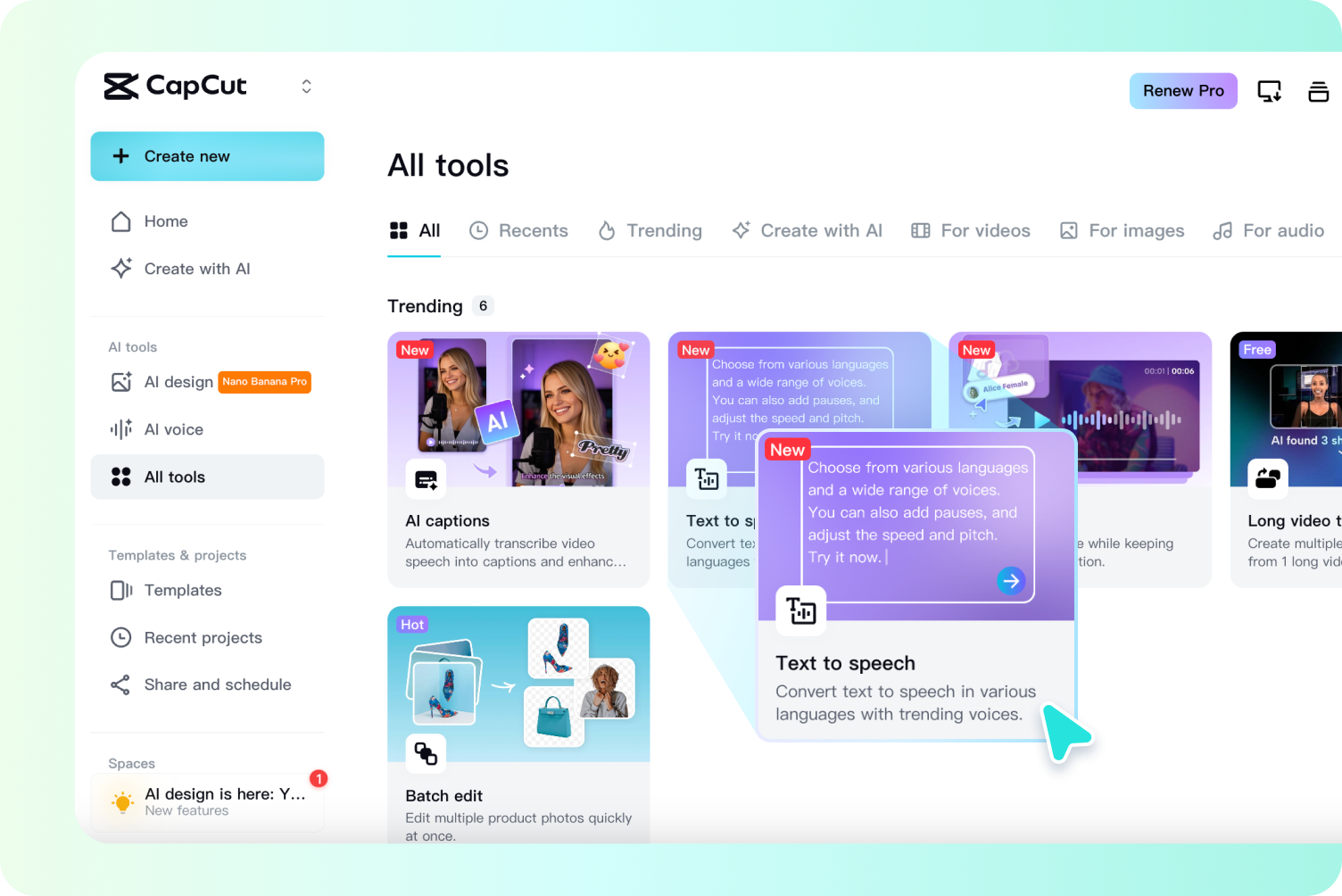 Accessing text to speech tool in the CapCut online video editor
