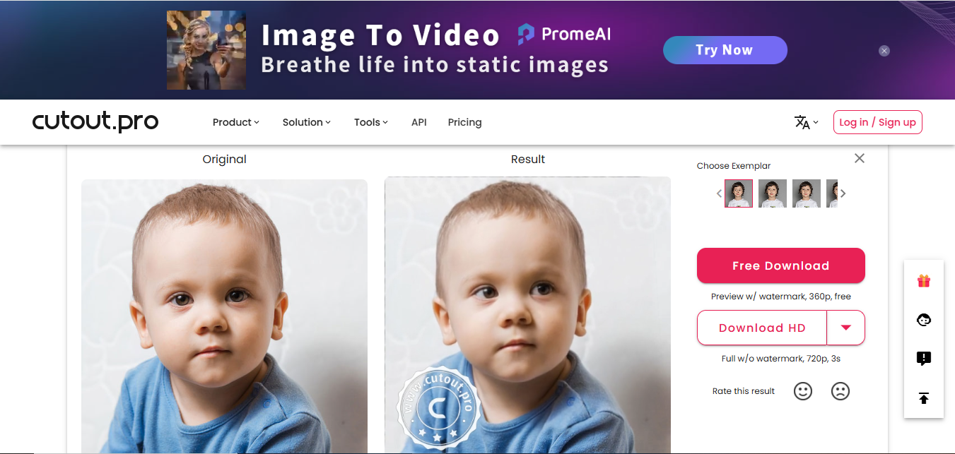 Interface of Cutout.Pro - the best online photo animator