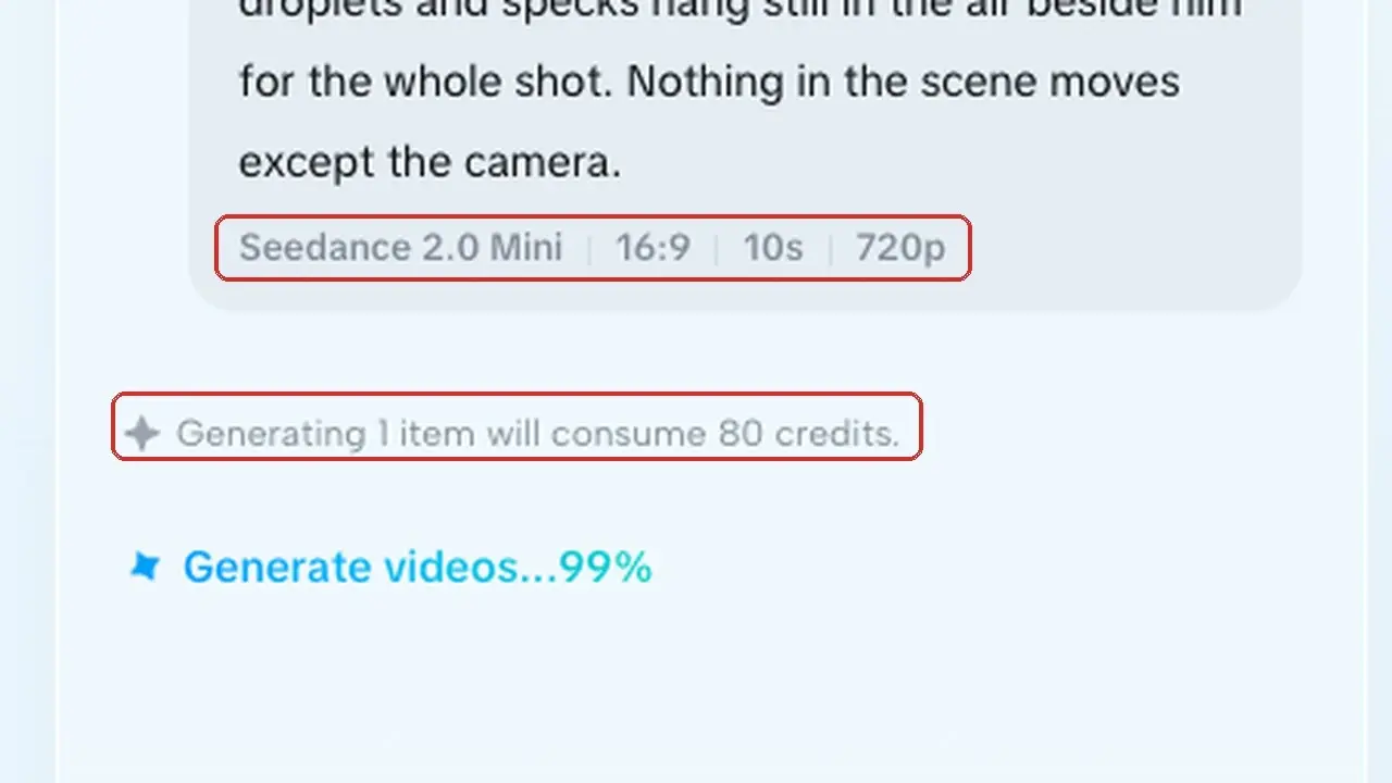 CapCut generation panel showing Seedance 2.0 Mini settings and 99% progress