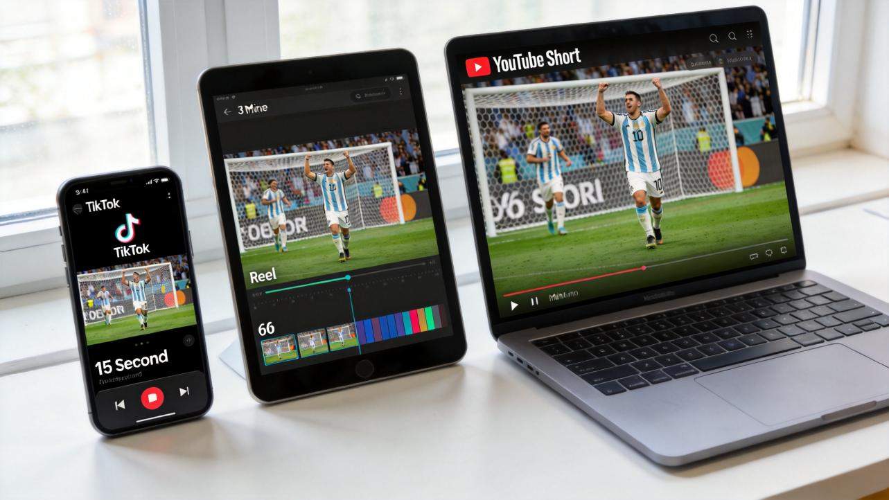 Soccer clip shown on TikTok, a reel editor, and YouTube Shorts on phone, tablet, and laptop