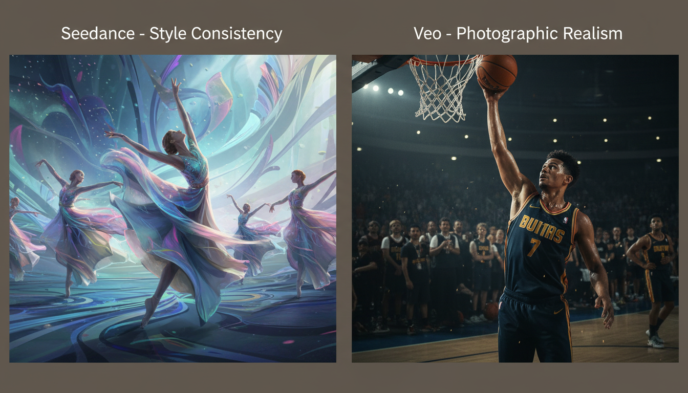 seedance_vs_veo_ thumbnail: style consistency (Seedance) vs photographic realism (Veo), side-by-side frames, 16:9.