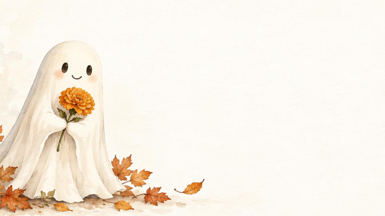 Watercolor ghost offering a marigold at lower left with blank ivory greeting space on the right.