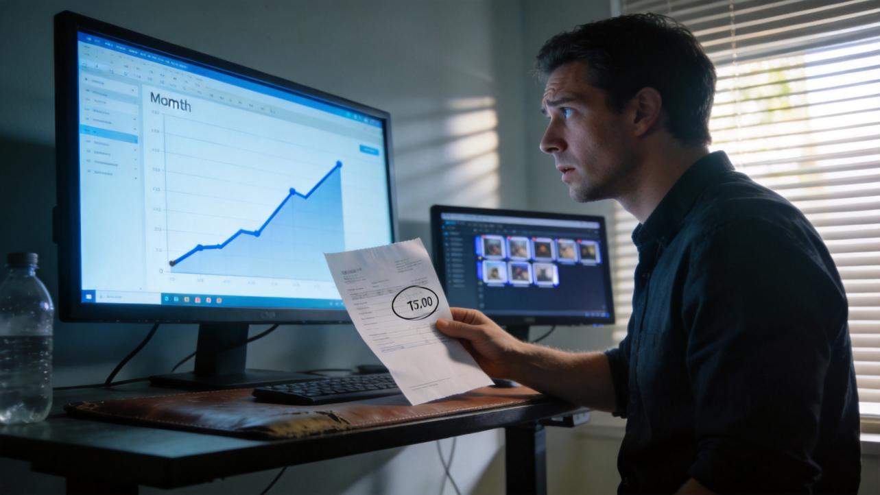 Man studying a rising cost chart while holding a $75 bill
