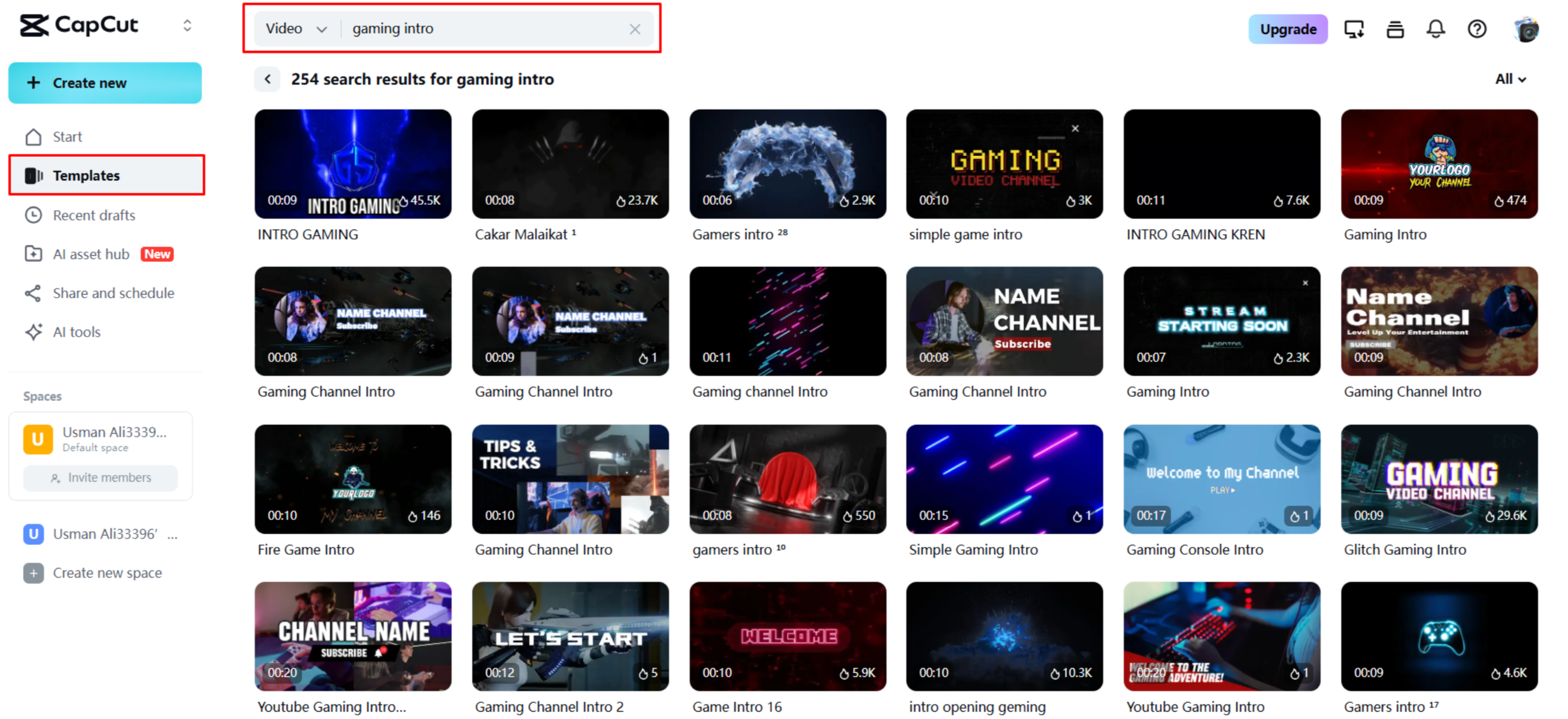 Choosing a gaming intro template in CapCut Web
