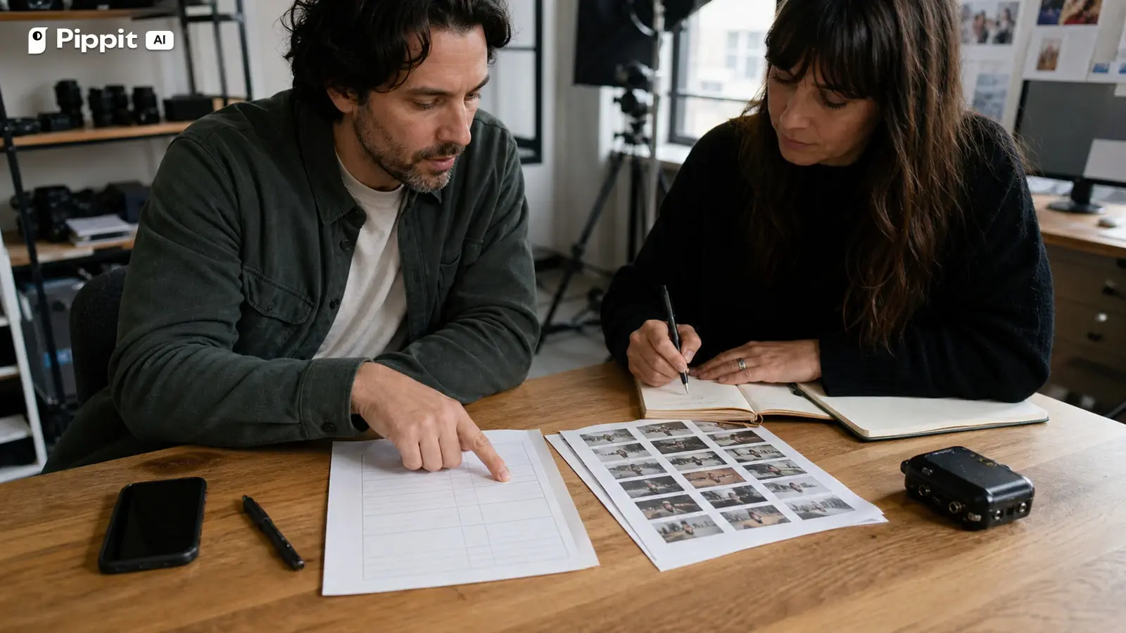 A creator and producer review a plain language consent worksheet and source images together.