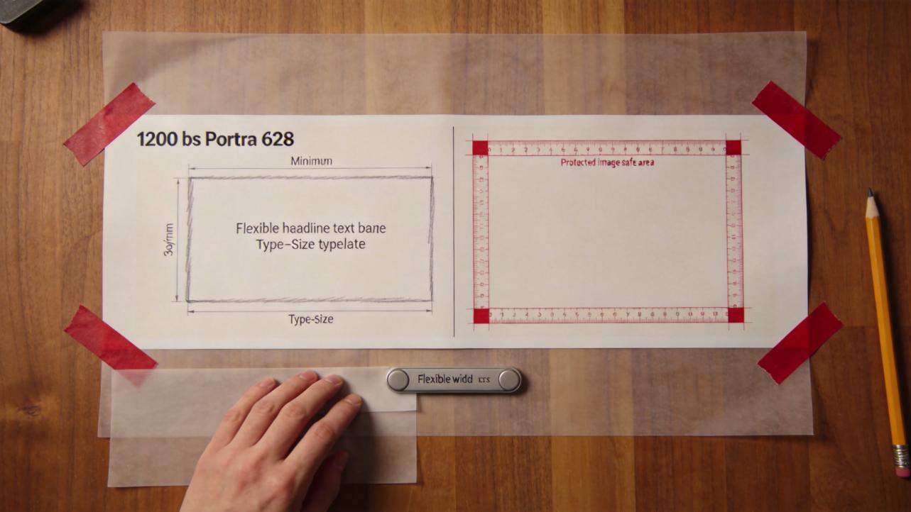 Banner layout mockup taped to a wooden table with size guides, a hand, and a pencil