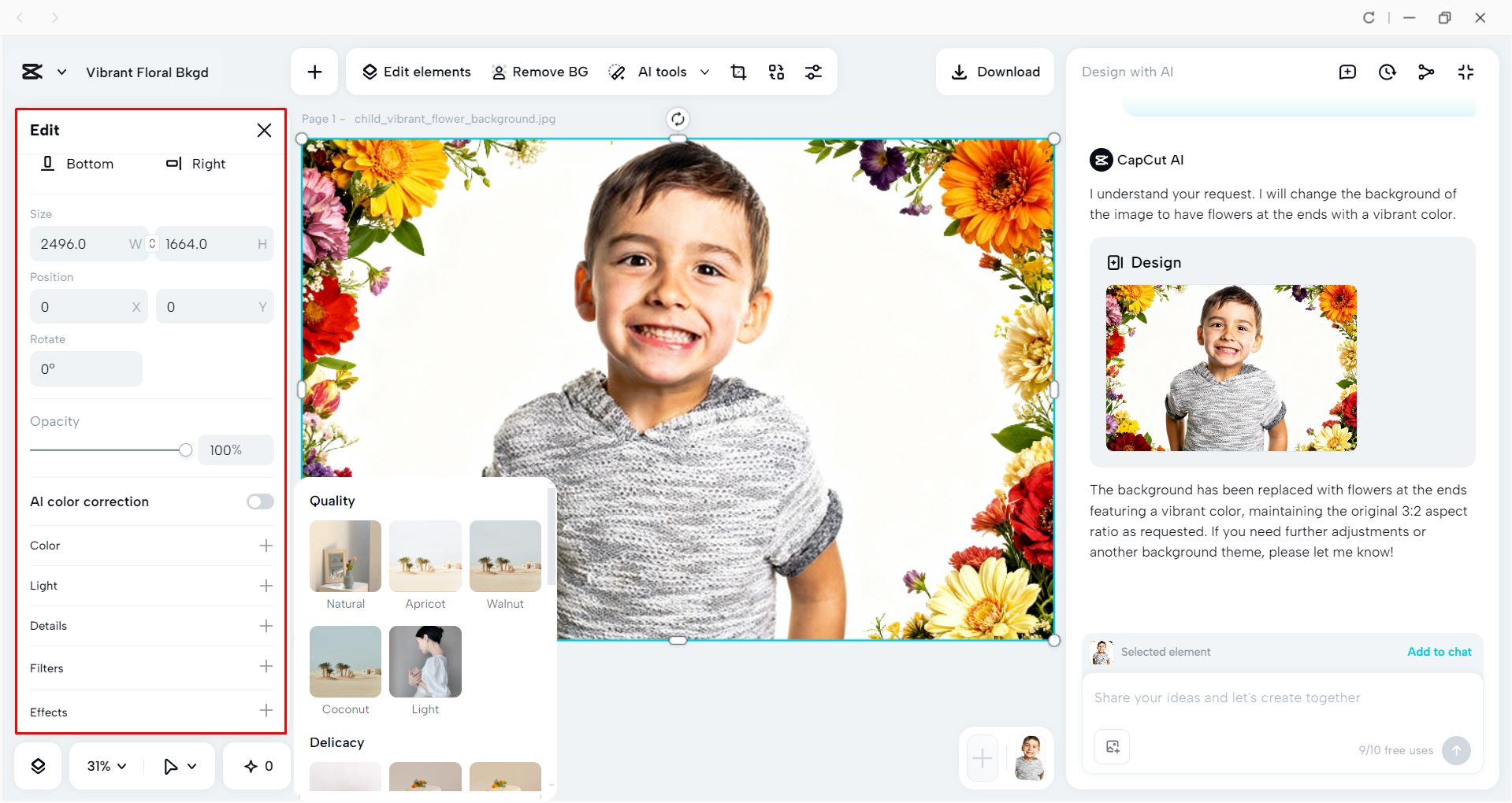 Editing the image with the CapCut desktop video editor