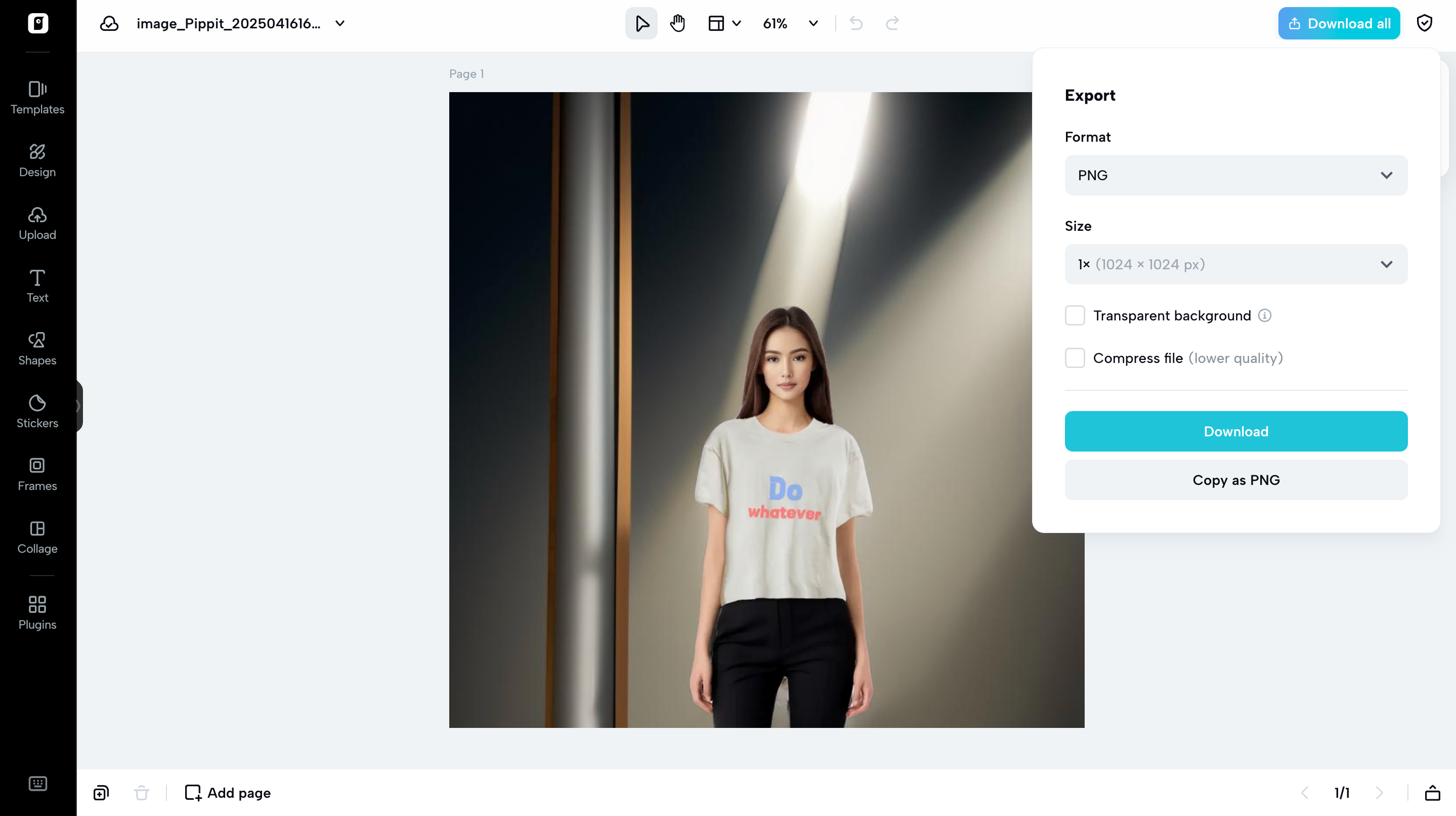 exporting product image from Pippit