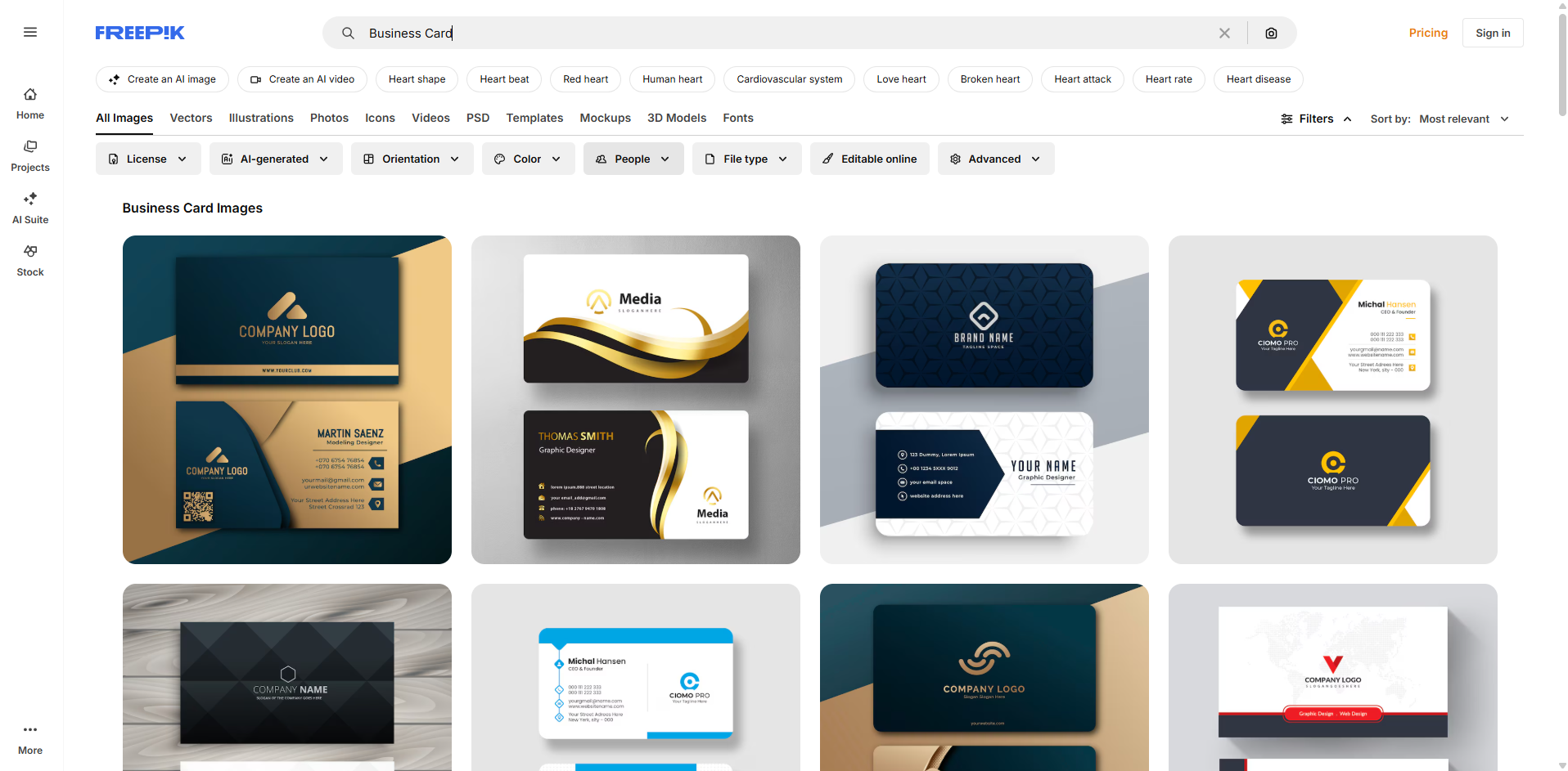 Interface von Freepik – eine sehr zugängliche Seite, um Visitenkarten-Vorlagen zu finden.