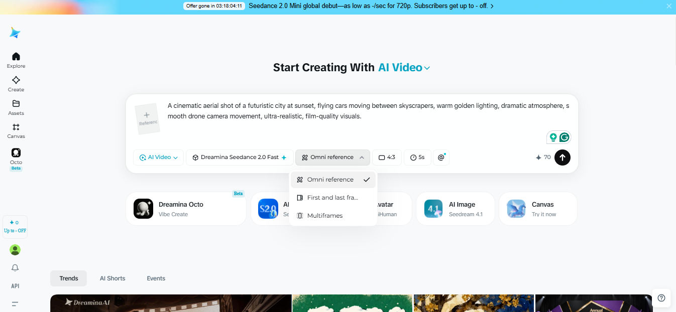 Choose Seedance 2.0 and customize your settings