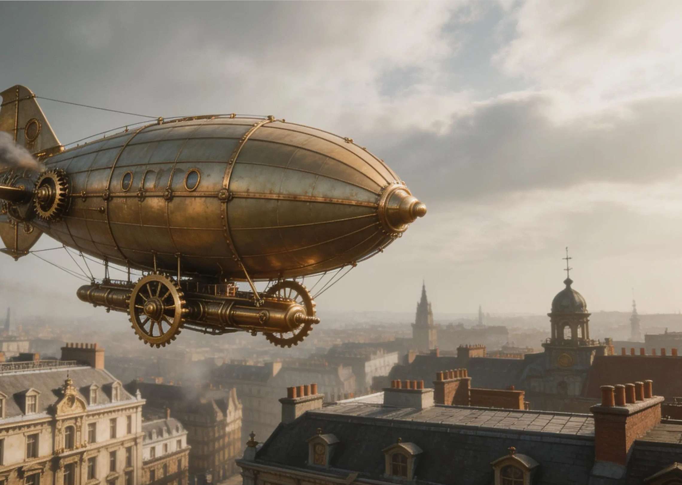 A steampunk airship drifting above Victorian city rooftops