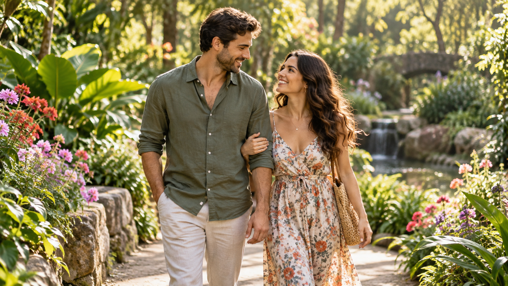 Candid Botanical Garden Couple Beispiel für natürliches Licht Porträt AI Foto Prompts
