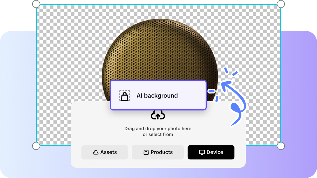 description=The Pippit editor in action. An enhanced product photo has its background removed, and the user is selecting a new AI-generated lifestyle background from a gallery of options.