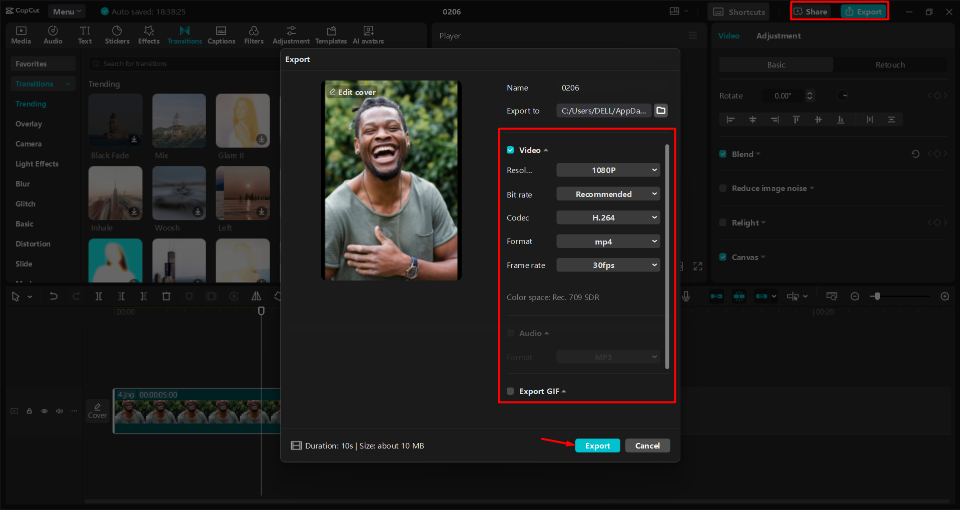 Exporting the edited reel in the CapCut desktop video editor