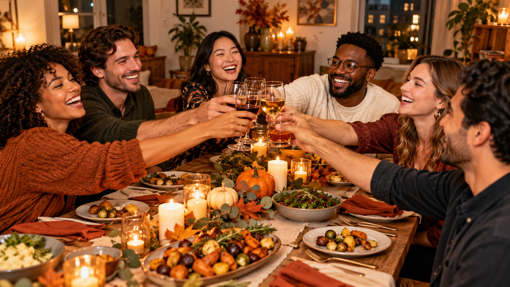 Mga senyas ng larawan ng Friendsgiving: Diverse Adult Friend Group na Kumukuha ng Relaxed Porch
