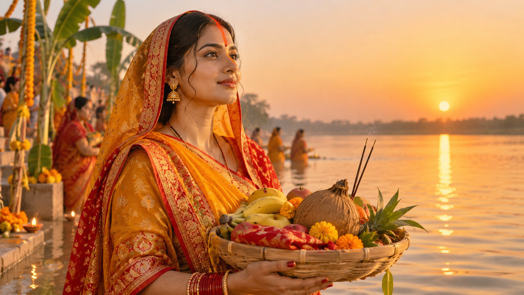 Prompts de roupa Chhath Puja prontos para sociais Exemplo de acabamento para prompts de roupa chhath puja